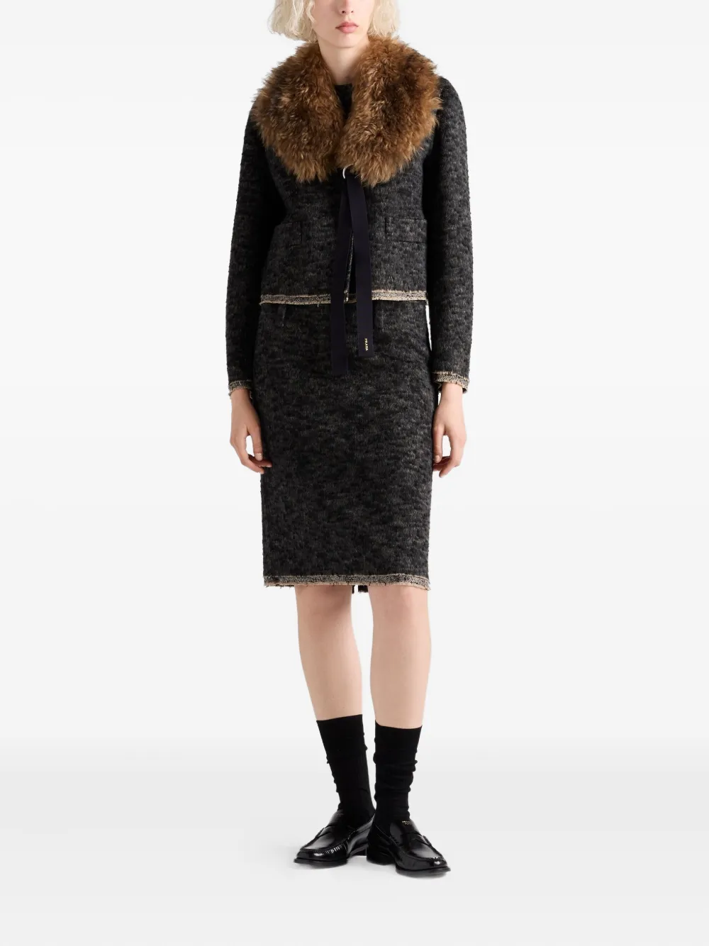 Твидовая юбка с треугольным логотипом Prada, черный — фото 2