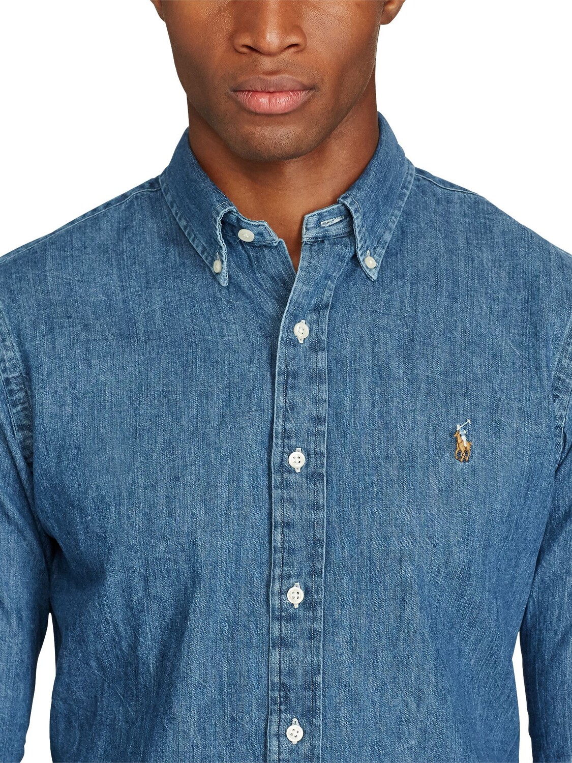 Джинсовая рубашка узкого кроя с длинными рукавами Polo Ralph Lauren, синяя — фото 4