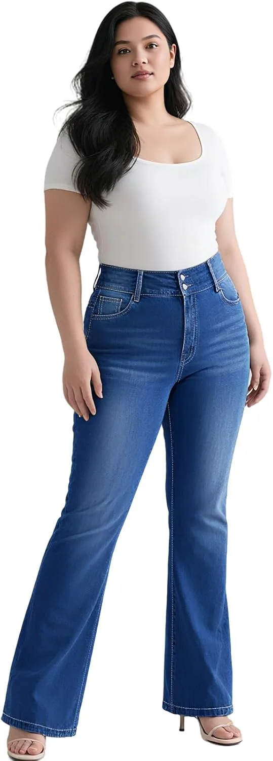 

Plus Size для женщин джинсы с высокой талией и расклешенным низом с вышивкой на задних карманах QERINTE