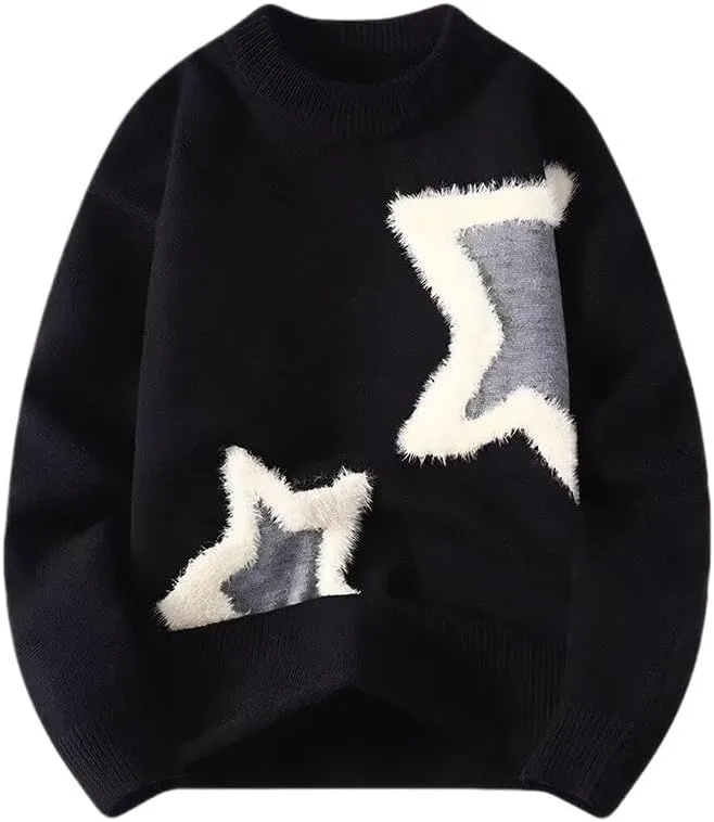 Мужской осенне-зимний вязаный свитер со звездным принтом, мягкий, теплый, свободного кроя, для многослойной базы Generic, черный