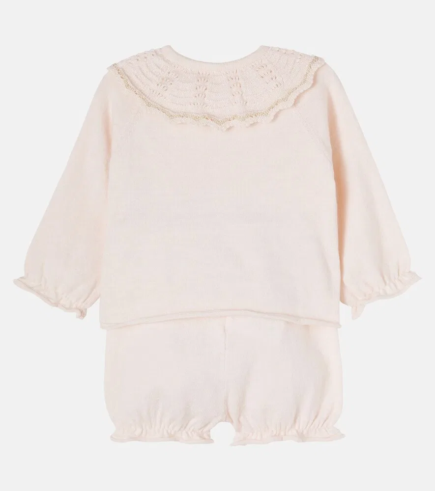 Детский комбинезончик из хлопка и кашемира с оборками Chloé Kids, розовый — фото 2