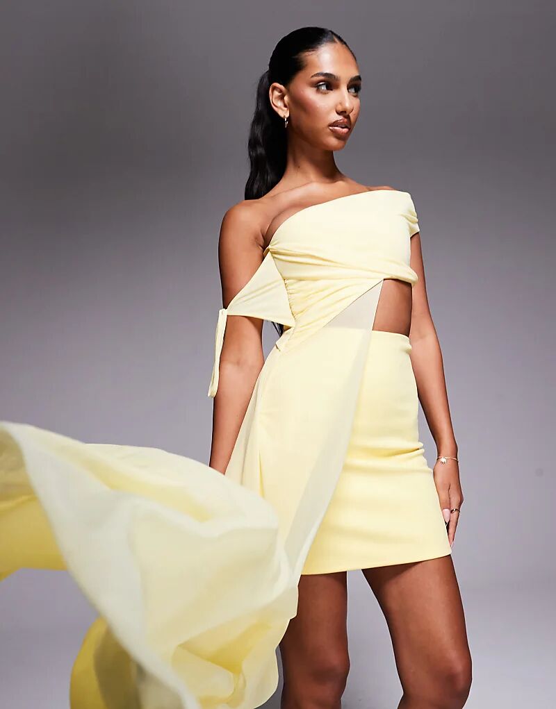

Мини-платье ASOS DESIGN с открытыми плечами и сетчатой драпировкой желтого цвета
