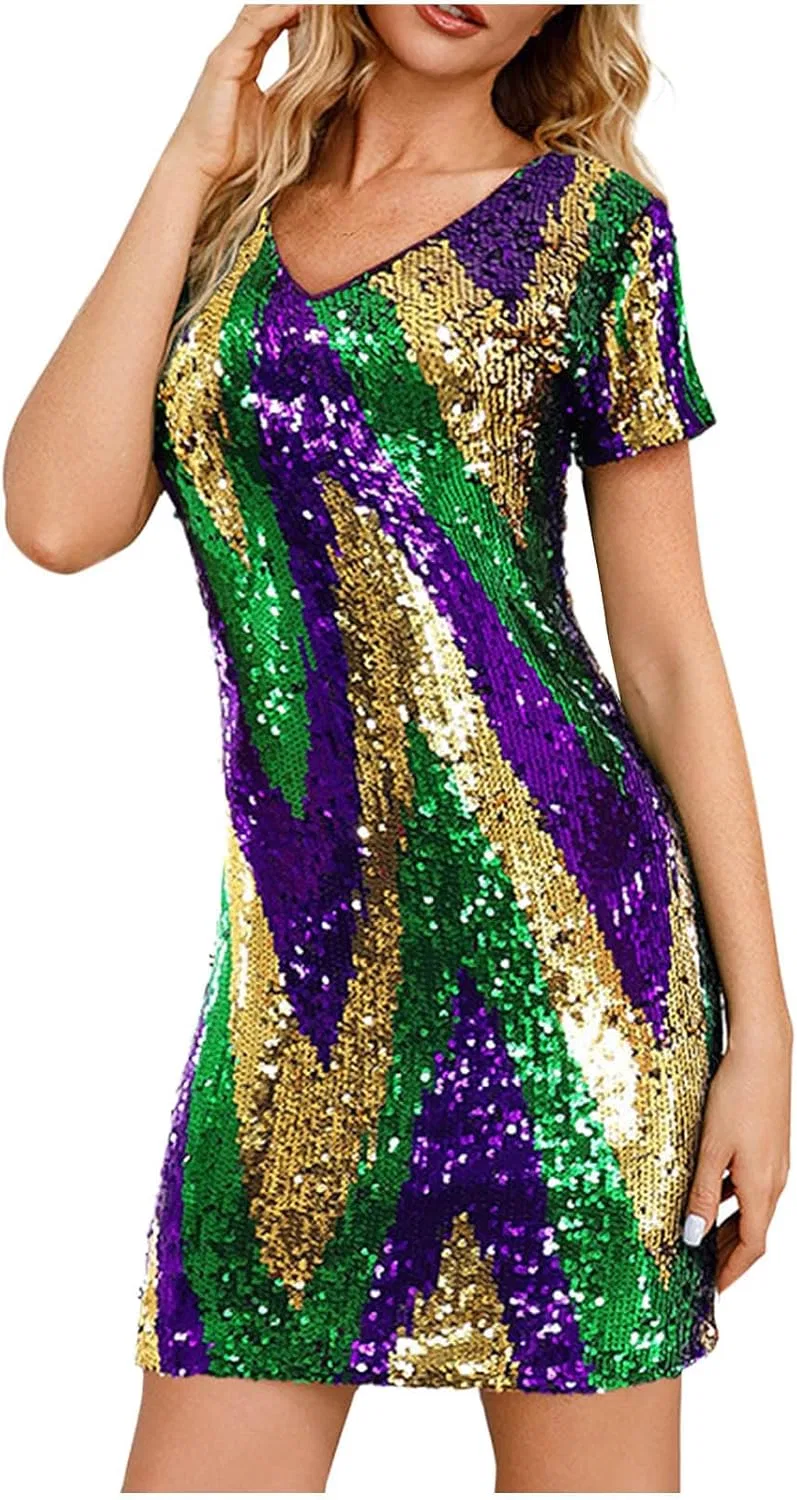 Generic Женское платье-мини с пайетками Purple Green Gold, V-образный вырез, короткий рукав, приталенный фасон, для вечеринки Mardi Gras