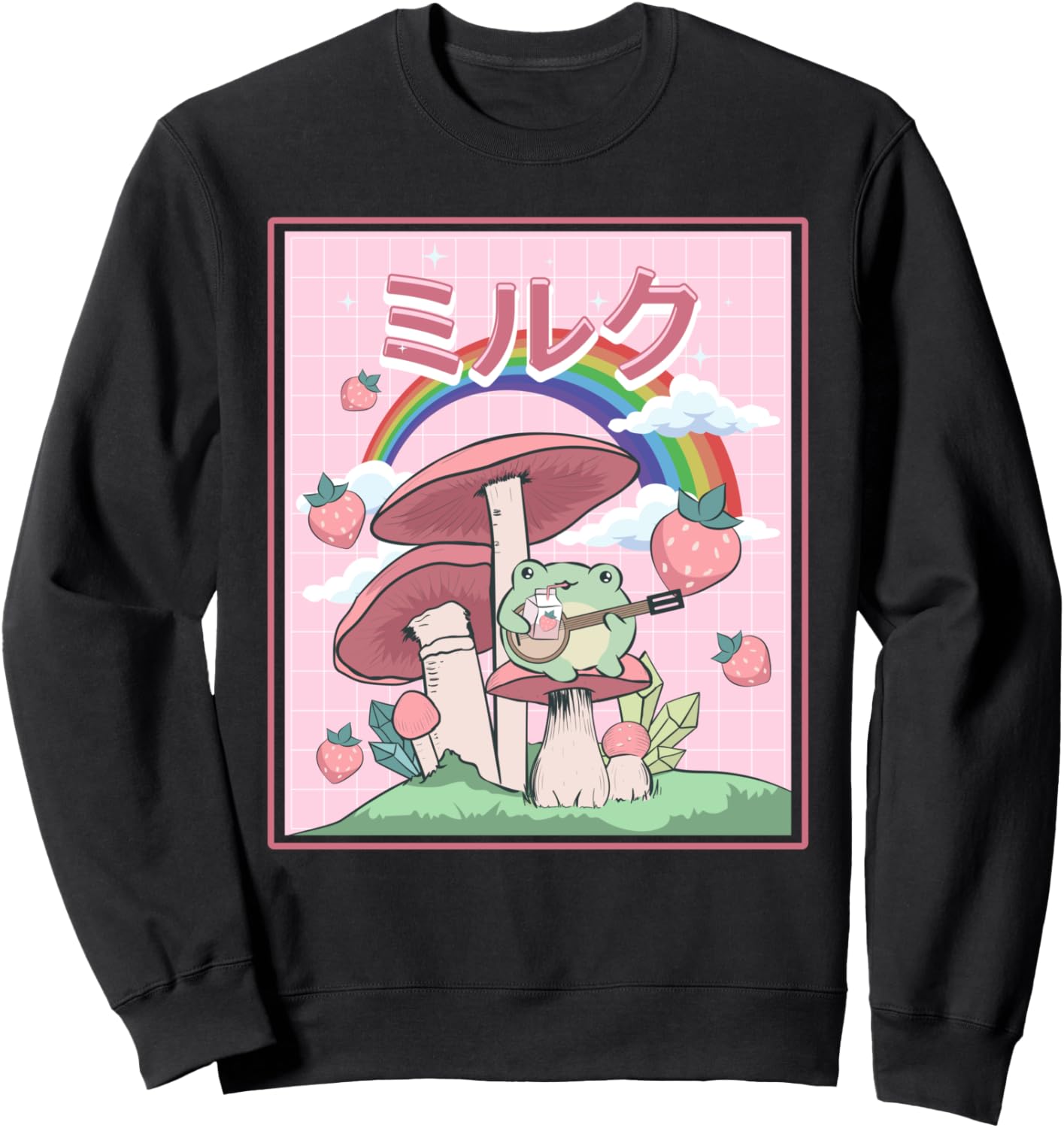 

Стиль коттеджкор, милые лягушки, банджо, японская толстовка с молочным принтом Kawaii Cottagecore Aesthetic Frog Clothing, черный