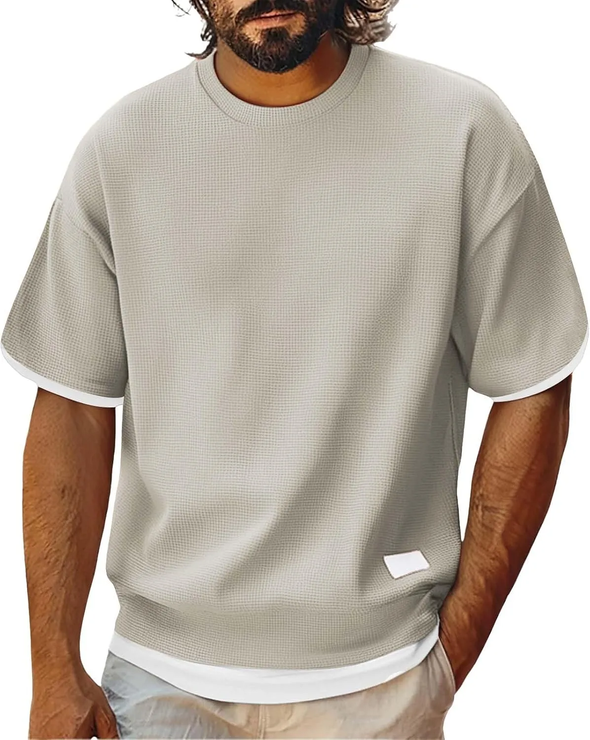 

Летняя рубашка для мужчин, текстурированный крю, короткий рукав, футболка, повседневная мода, свободный крой, дышащая, уличная одежда