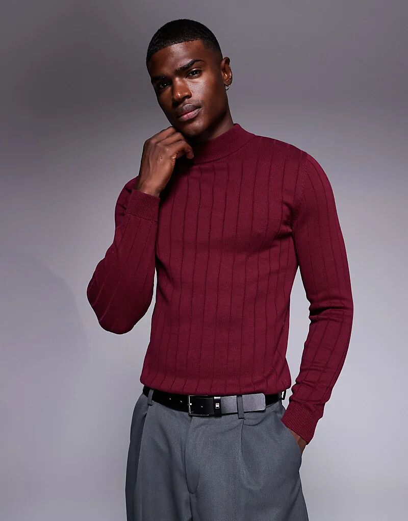 

Футболка ASOS DESIGN Muscle Fit с длинными рукавами и водолазкой в ​​рубчик, бордового цвета