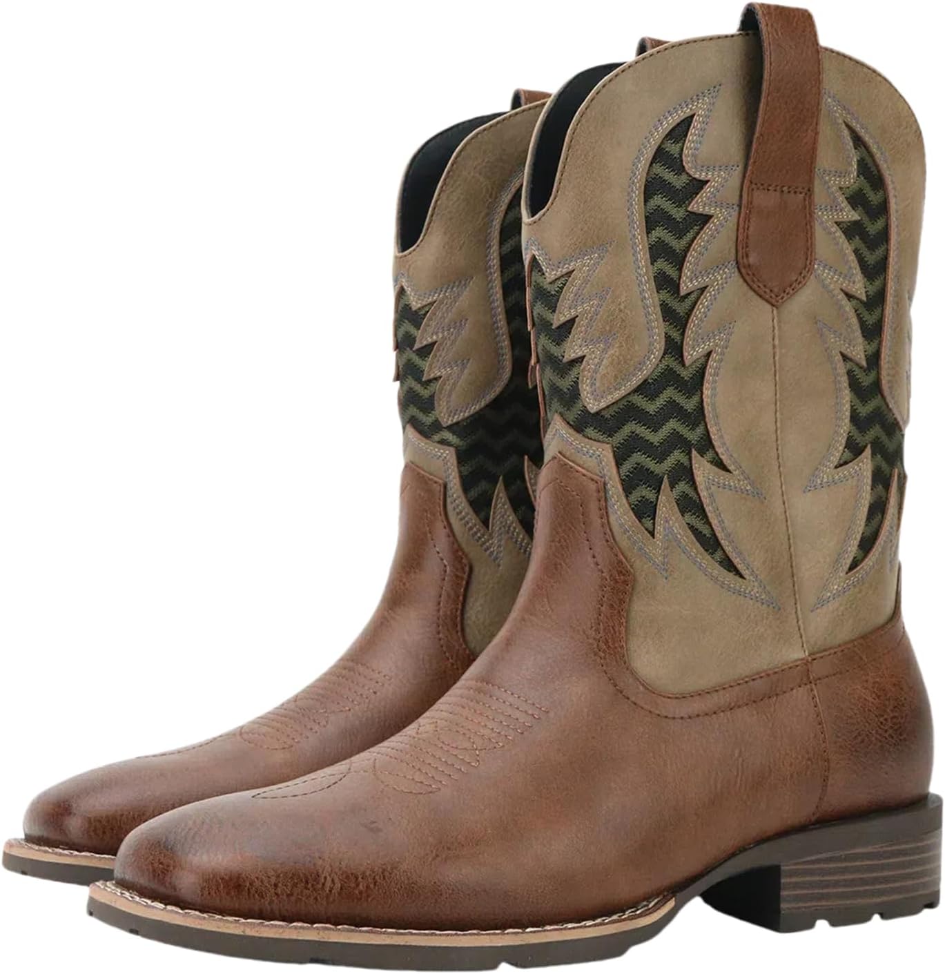 

Мужские ковбойские сапоги Abborora Mens с классической вышивкой, квадратным носком и западным стилем, устойчивые к скольжению, прочные, средней высоты, на носку, коричневый