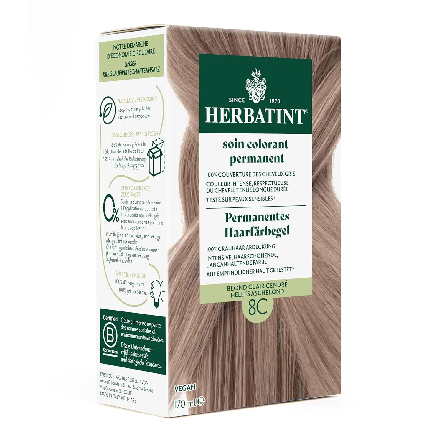 Перманентная краска для волос «8C Light Ash Blonde» от Herbatint Herbatint, 8C Light Ash Blonde