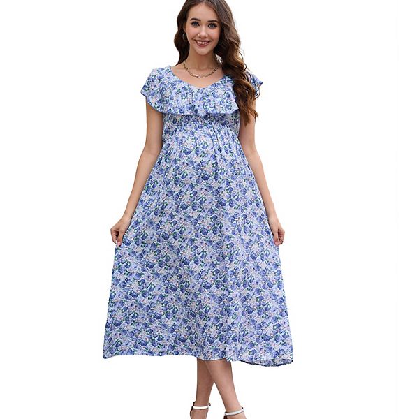 

Летнее повседневное платье-макси с V-образным вырезом и рюшами для беременных Yesfashion, Blue Floral
