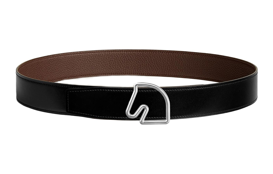 

HERMES Мужской реверсивный кожаный ремень с гладкой пряжкой, Black