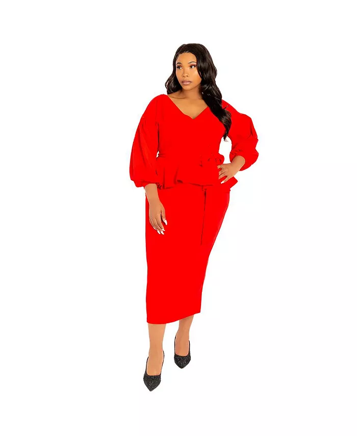 

Женское платье миди с открытыми плечами и баской Plus Size Buxom Couture, красный