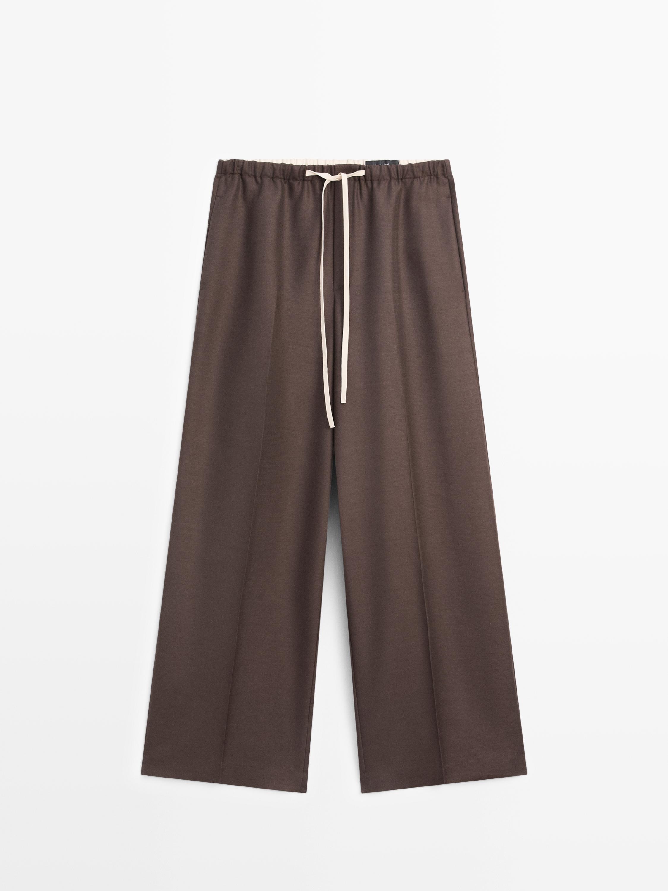 Брюки из смесовой шерсти с контрастным шнурком Massimo Dutti, brown — фото 2