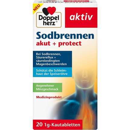 

Doppelherz Acute Heartburn + Protect — медицинское устройство для лечения изжоги, кислотного рефлюкса и жалоб на желудок, связанных с кислотностью — 20 жевательных таблеток со вкусом мяты