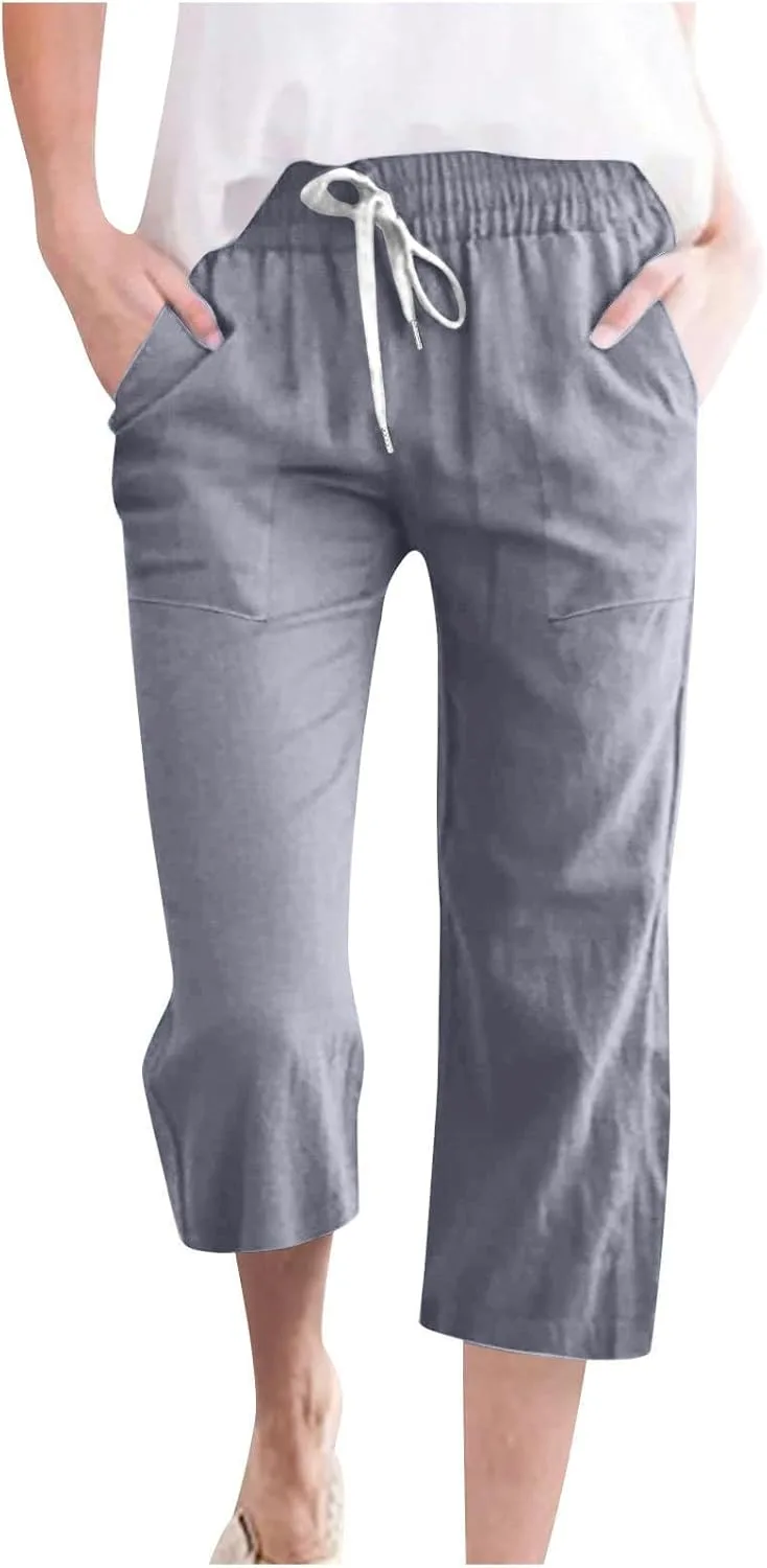 

JOAU льняные капри для женщин летние повседневные свободные укороченные брюки на резинке с кулиской и карманами