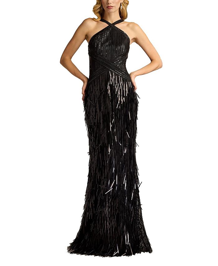 

Платье с пайетками и бахромой Ares Sequin Fringe Halter Tadashi Shoji, черный