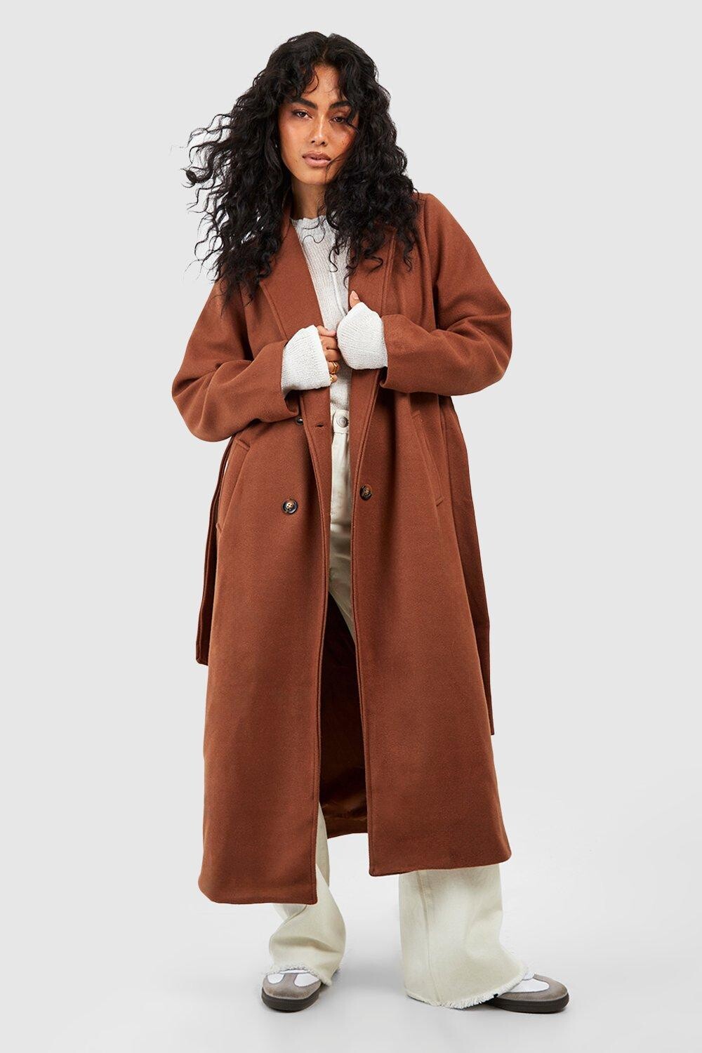 

Длинное двубортное шерстяное пальто с поясом boohoo, коричневый
