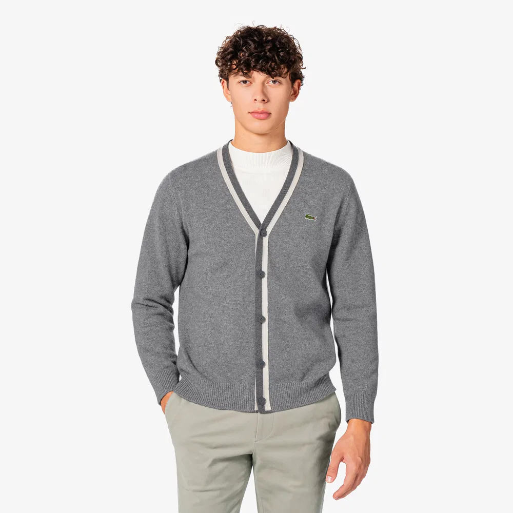 Мужской V-образный кардиган из шерстяной ткани, меланжевый серый, от Lacoste