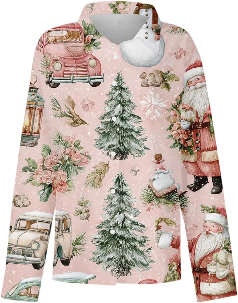 Женская блуза с рождественским принтом, Oversized, на пуговицах, длинный рукав, 3-light Pink — фото 3