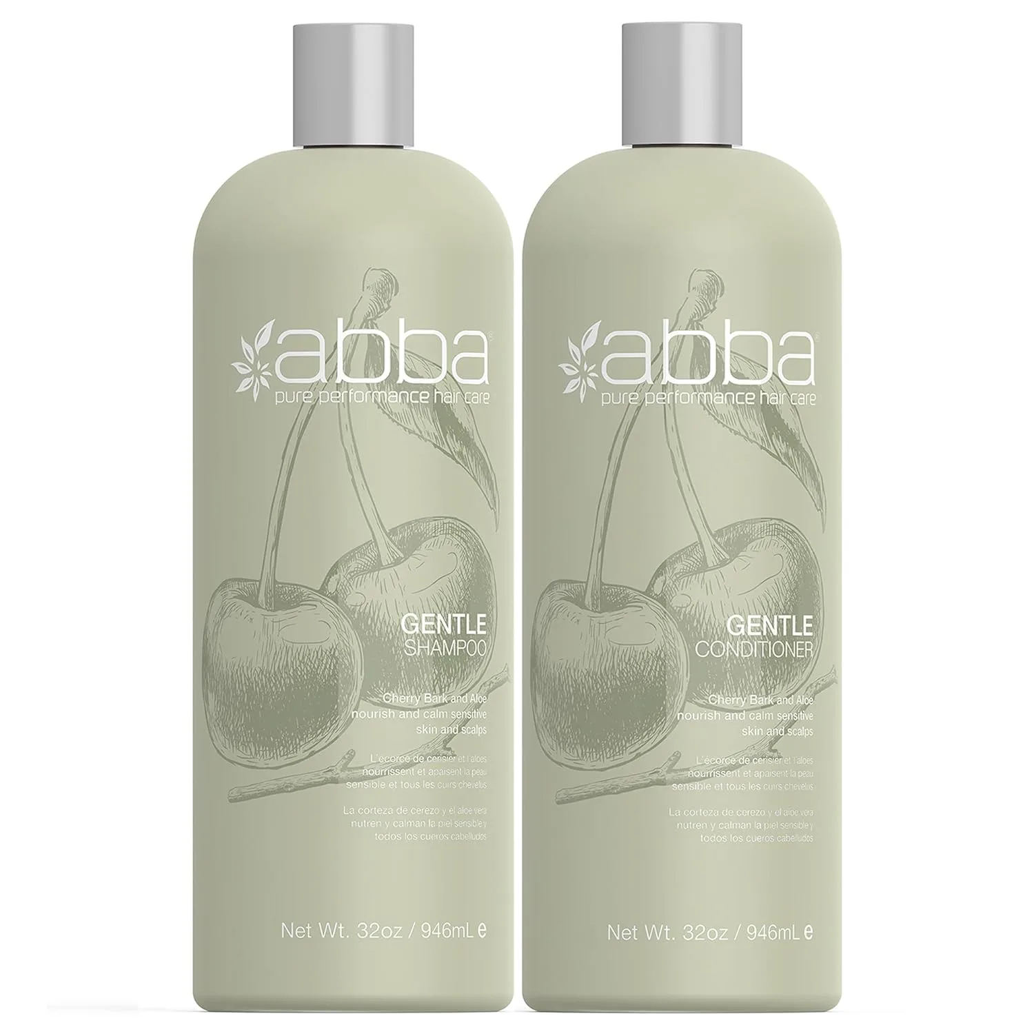 ABBA - Набор из двух успокаивающих и питательных шампуня и кондиционера Pure Gentle с ароматом коры вишни и алоэ вера, по 950 мл каждый.
