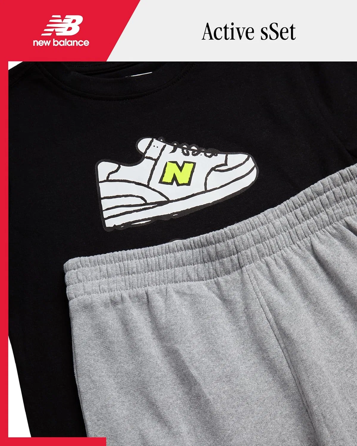 Комплект спортивных штанов New Balance для мальчиков - 2 предмета: пуловер, футболка с графическим принтом и спортивные штаны. Детский спортивный комплект, Black/Grey Sneaker — фото 2
