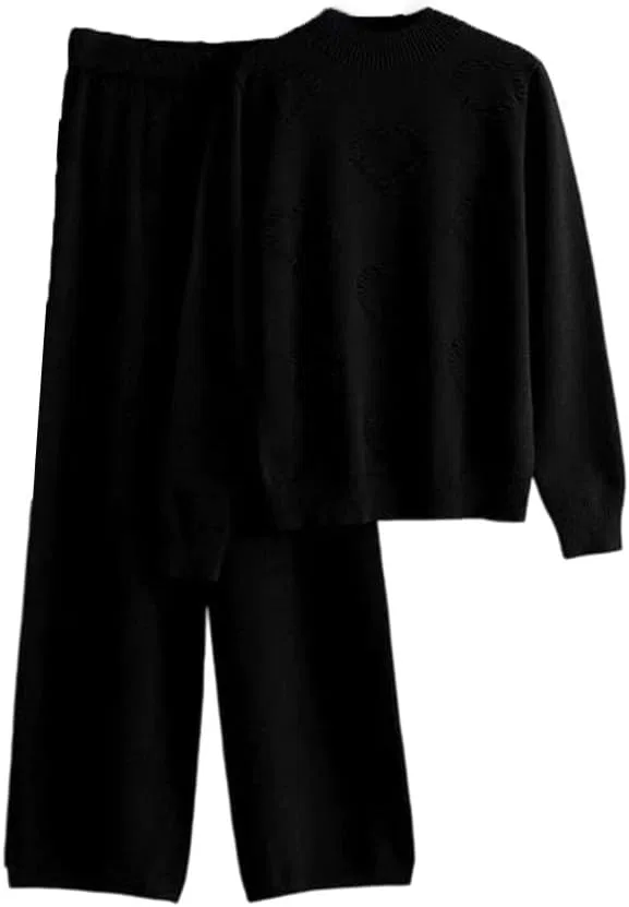 Женский комплект из свитера и брюк, трикотажный, Black