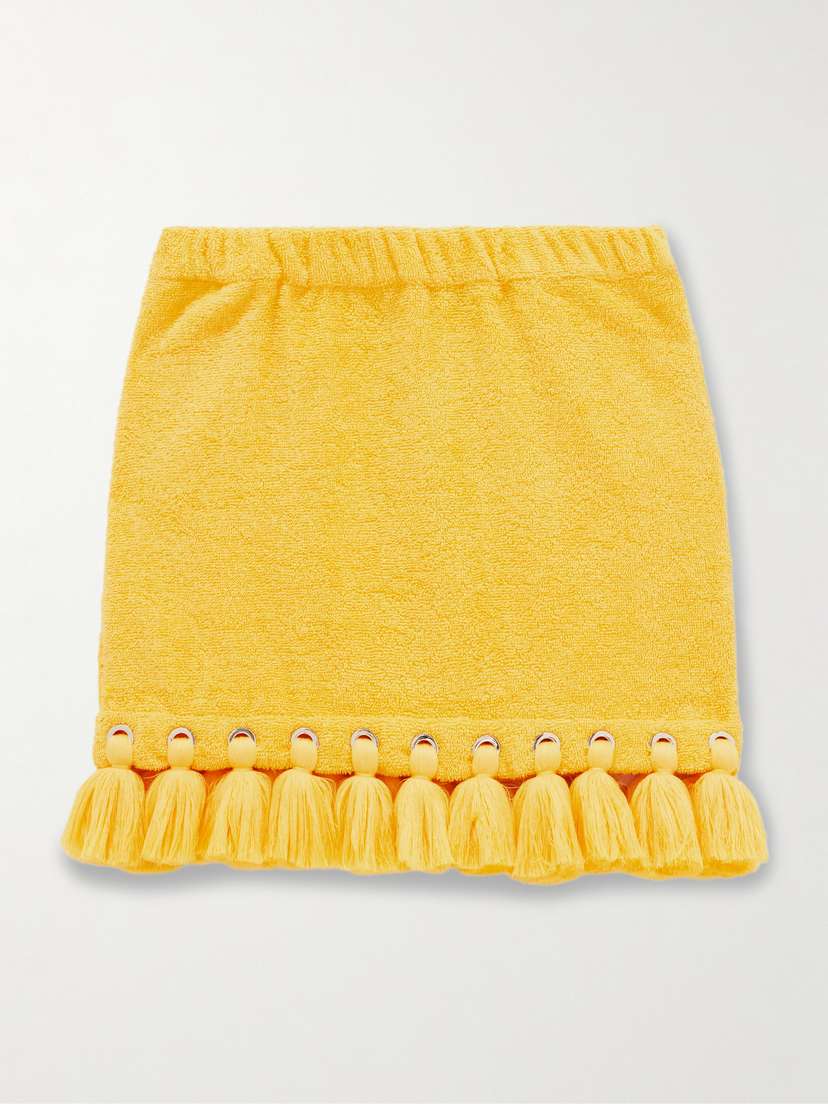 

Мини-Юбка из хлопкового махрового трикотажа с кисточками и люверсами Cap D'Antibes, желтый