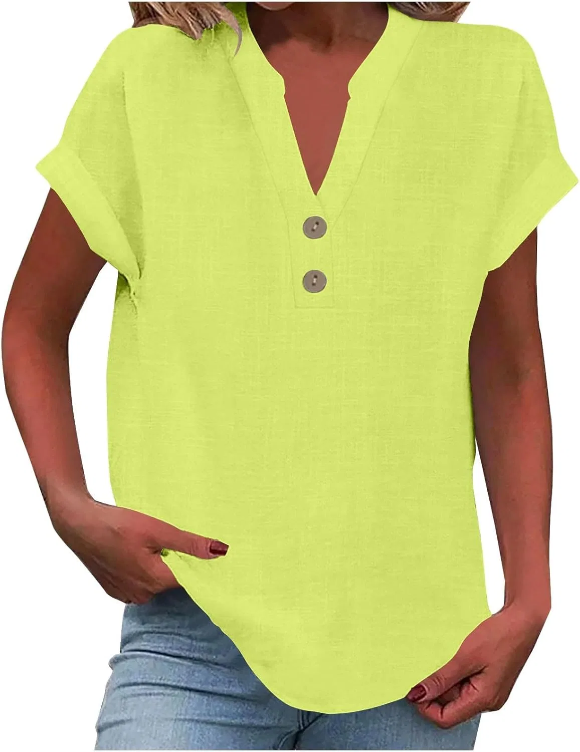 Женская блуза с V-образным вырезом, Linen Button Down, зеленый цвет