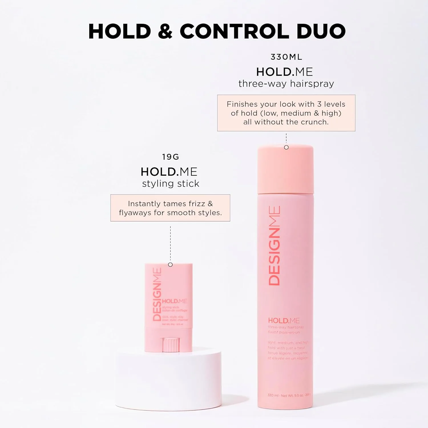 DESIGNME HOLD.ME Styling Stick и Three-way Hairspray | Воск для укладки | Контроль пушистости, укрощение непослушных волос и выравнивание | Лак сильной фиксации | Термозащитный спрей для укладки Design.Me — фото 2