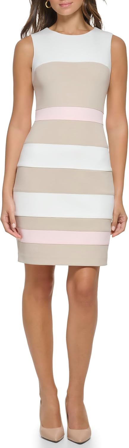 

Женское мини-платье-футляр без рукавов Tommy Hilfiger из крепа-скуба в полоску, Ivory Khaki/Ballerina Pink