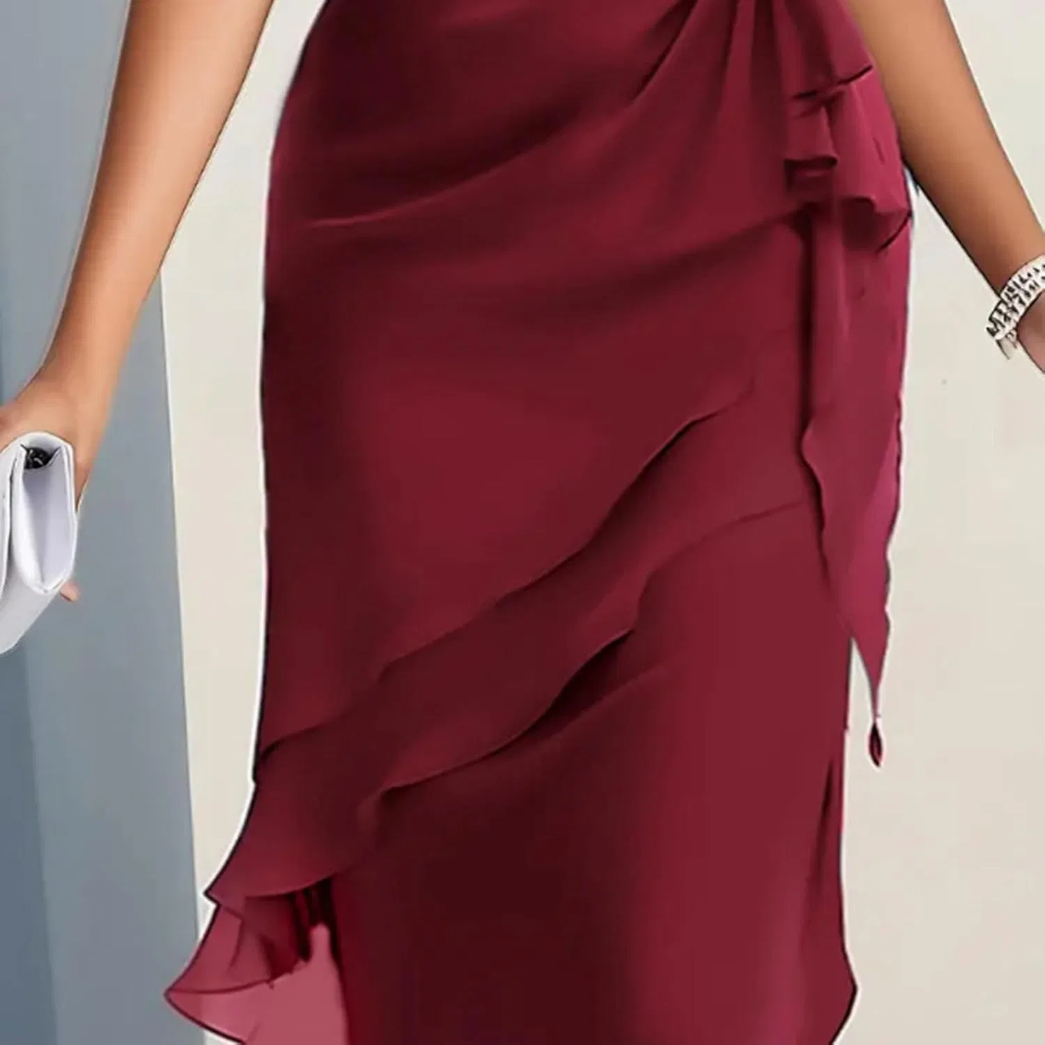 Платье миди из шифона с круглым вырезом, коротким рукавом, Wine — фото 3