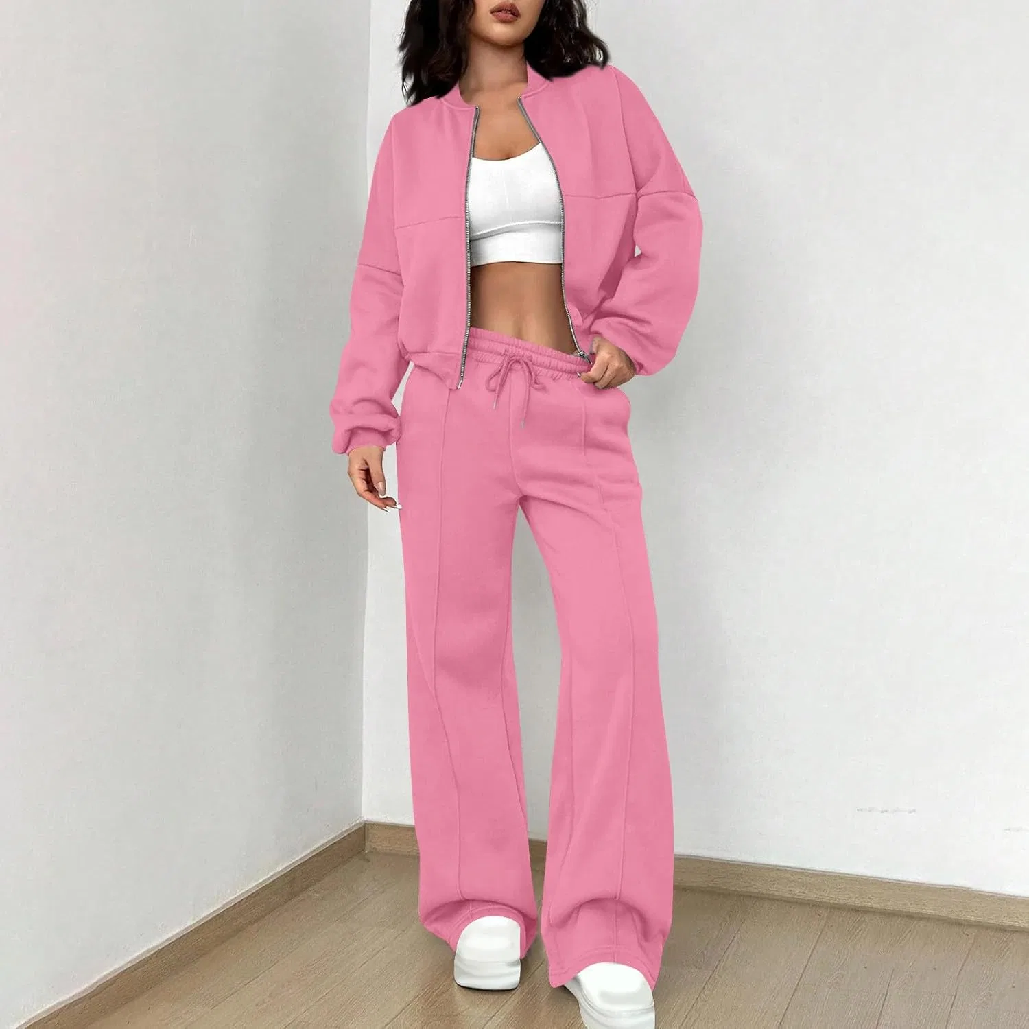 Женский спортивный костюм из толстовки и широких штанов, A#01 Pink — фото 2