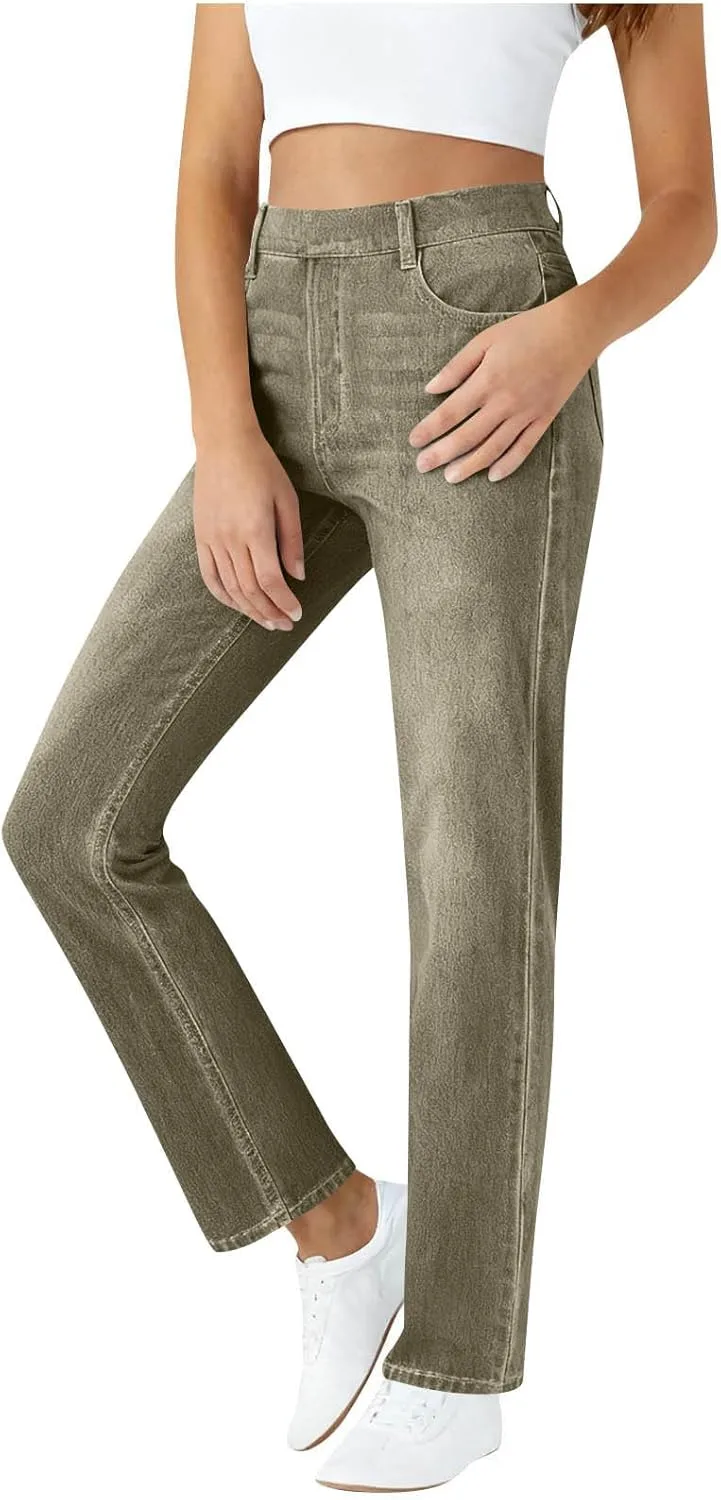 

Женские брюки с прямыми штанинами Fake Jeans - эластичные брюки с высокой посадкой в стиле деним HGps8w