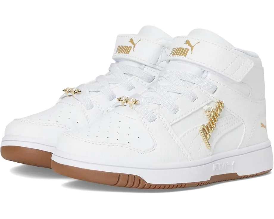 Кроссовки PUMA Kids Rebound Layup Mid Hook and Loop Shoes (Little Kid), White/White/Gold