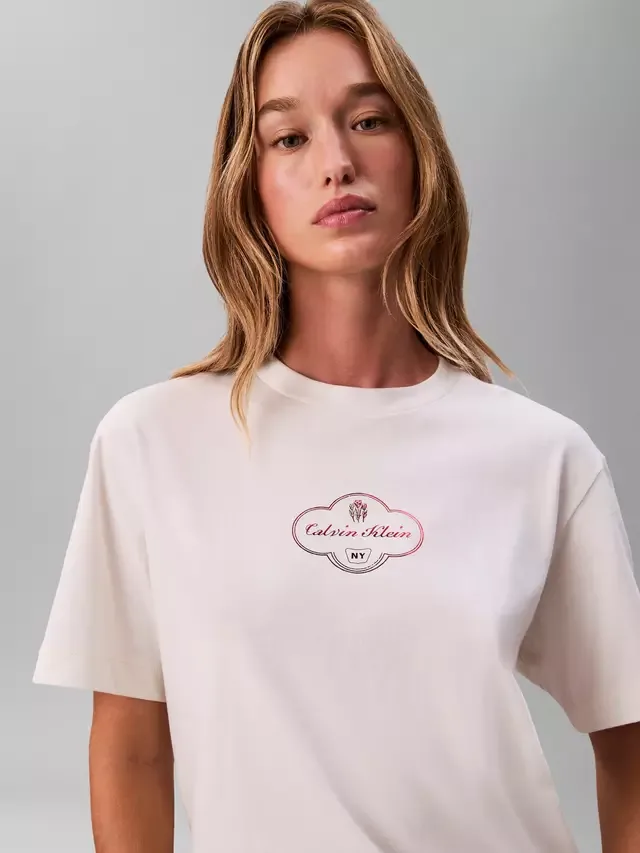 Футболка свободного кроя с логотипом Cocktail, бело-бежевая Calvin Klein — фото 3