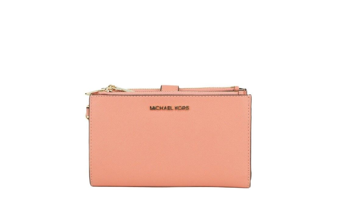 

Jet Set Travel Signature кожаный большой кошелек с двойной молнией на запястье Sherbert Michael Kors