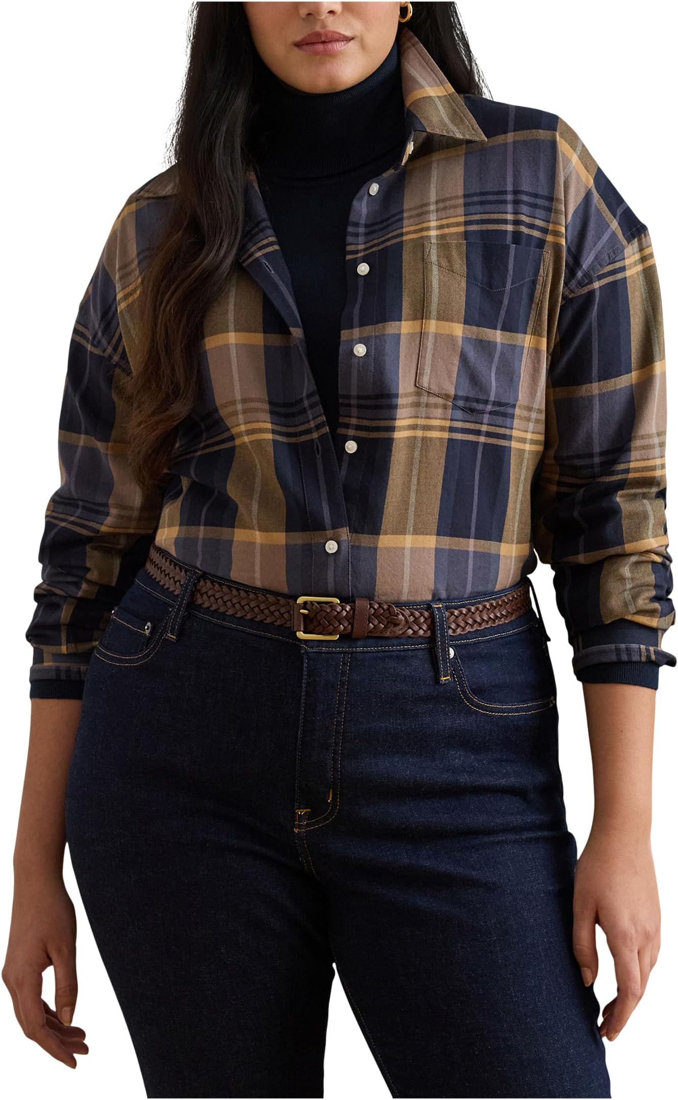 

Рубашка Lauren Ralph Lauren Plus Size Relaxed Fit Plaid Cotton Twill Shirt, цвет Blue/Tan Multi