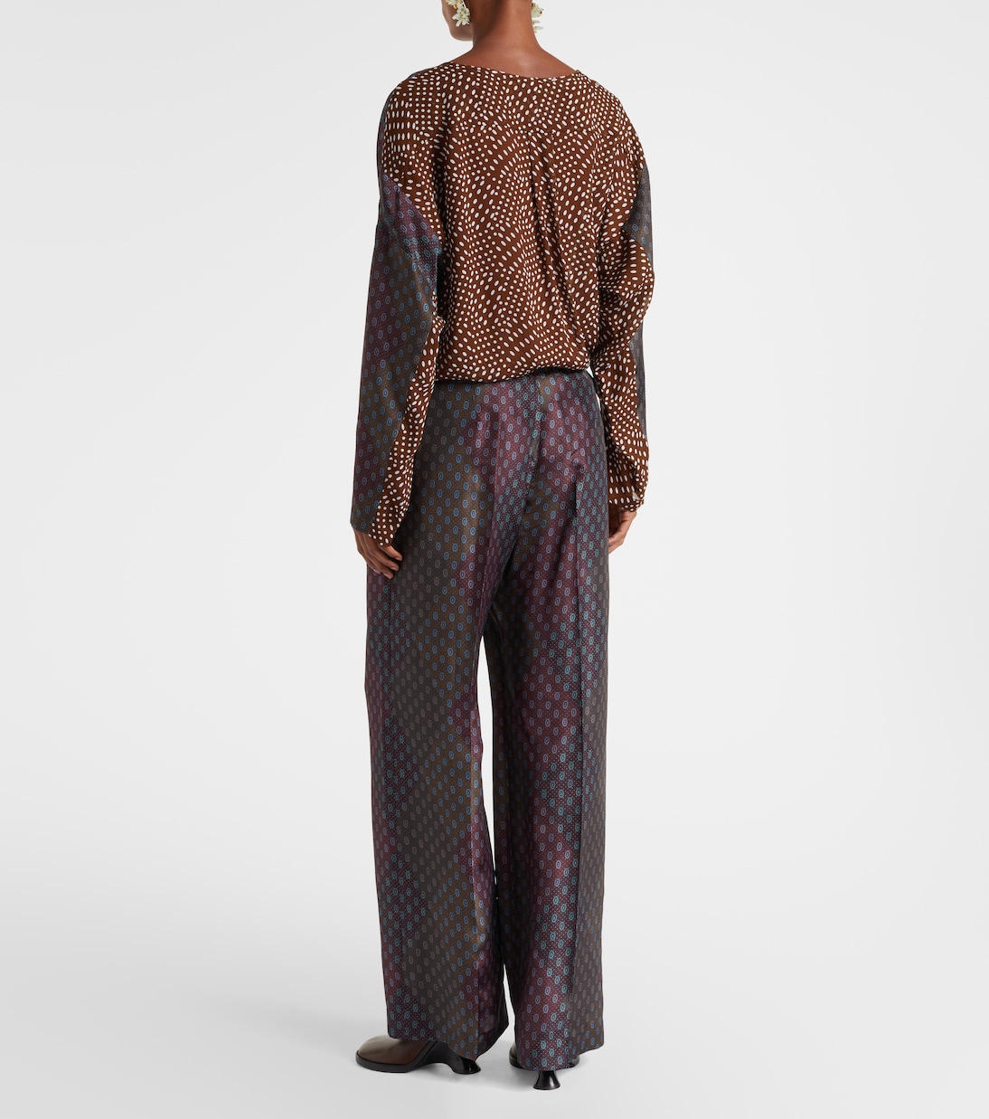 Прямые брюки из шелкового атласа с принтом Dries Van Noten, бордовый — фото 3