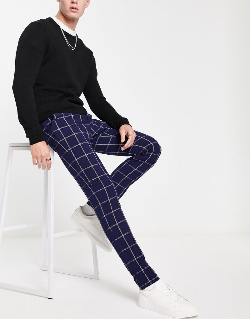 

Темно-синие брюки скинни в элегантную клетку ASOS DESIGN