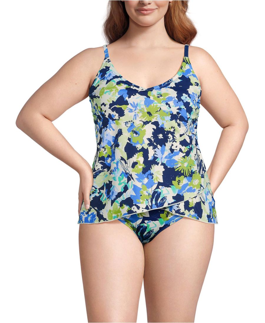 

Топ-танкини с тюльпановидным подолом больших размеров Lands' End, Deep sea navy multi floral
