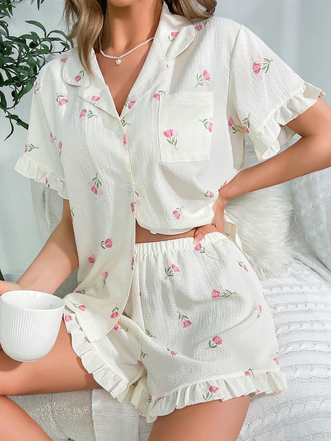 

CottageSlumber Комплект «Пижама/Ночная лотерея» печатный цветочный узор Shein, кремовый/бежевый