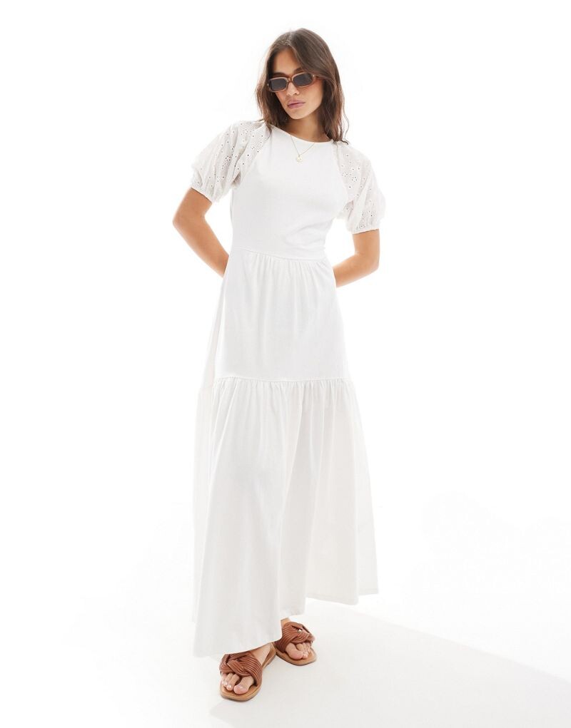 

ASOS DESIGN – белое многослойное платье макси с английской вышивкой и пышными рукавами