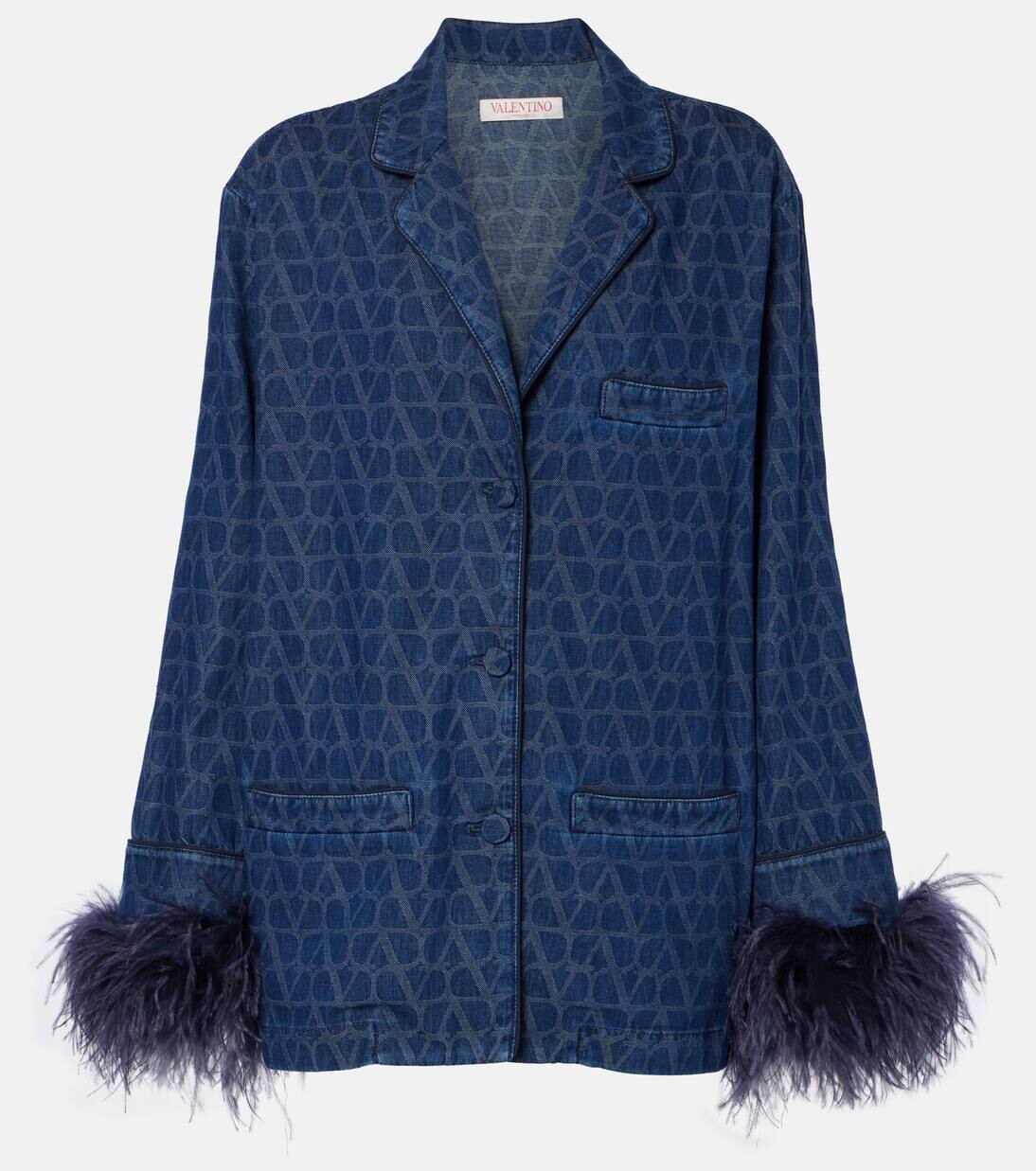 

Джинсовая рубашка с отделкой перьями Valentino, цвет medium blue denim