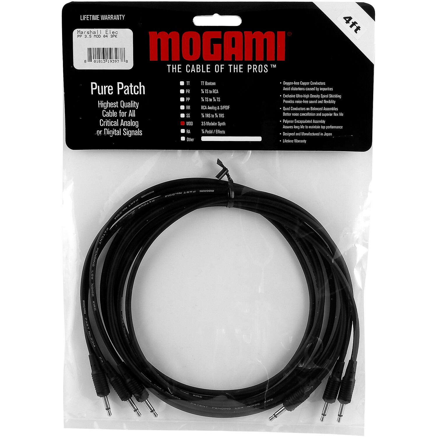 

Кабели Mogami Pure Patch Modular Synth VC — 3 шт., 4 фута.