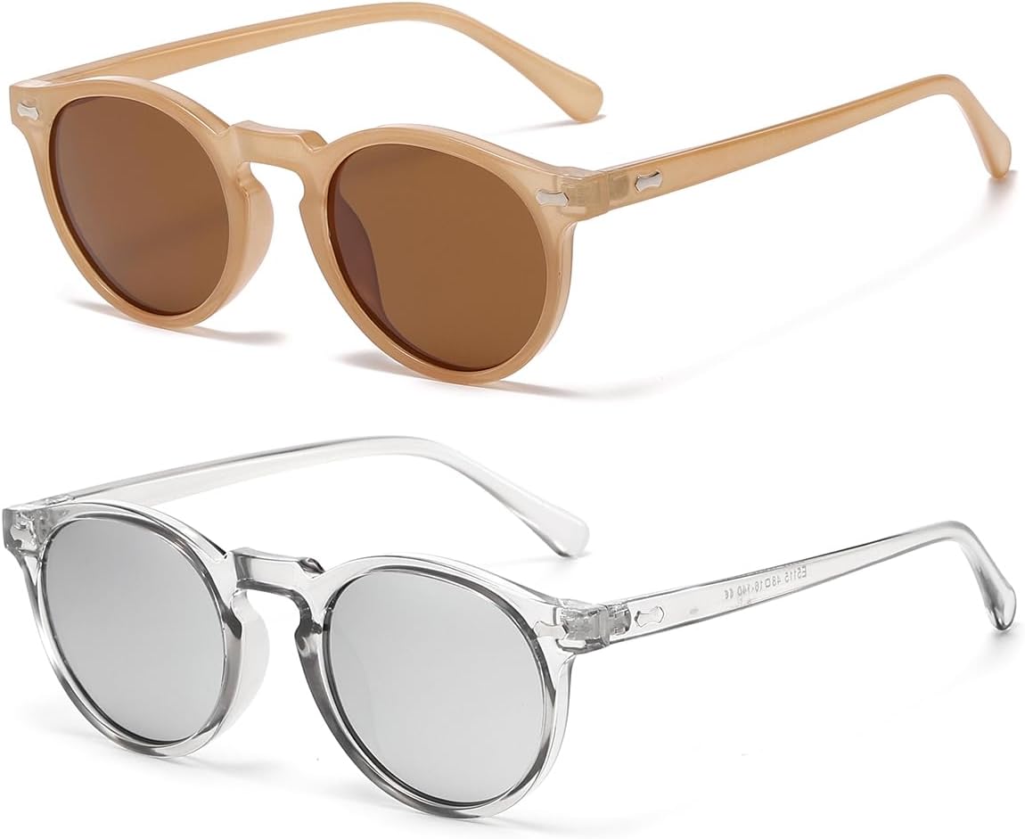 

NIDOVIX Винтажные поляризованные солнцезащитные очки для мужчин и женщин, круглые, в стиле ретро, ​​классические, модные, с защитой от УФ-излучения UV400, Two Pack: (Amber/Brown+transparent Grey/Silver Mirror)