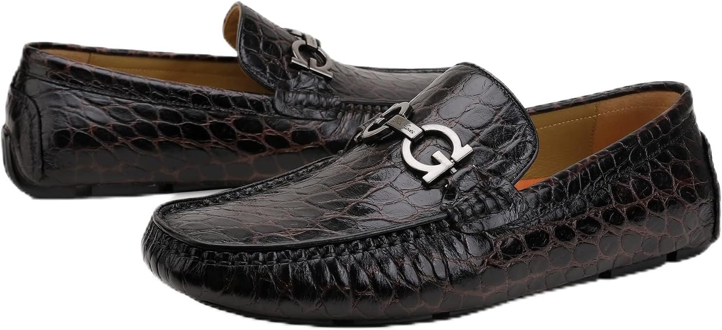 

Мужские кожаные мокасины, туфли с тиснением под крокодила с пряжкой, для вечеринок и свадеб, слипоны-лоферы для мужчин Generic, Coffee