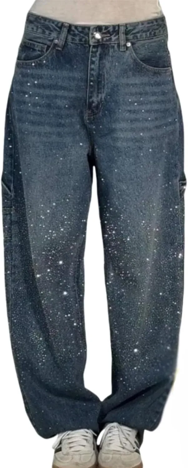 

Женские джинсы Casual с камнями, High Waisted, Boyfriend, Baggy, Wide Leg