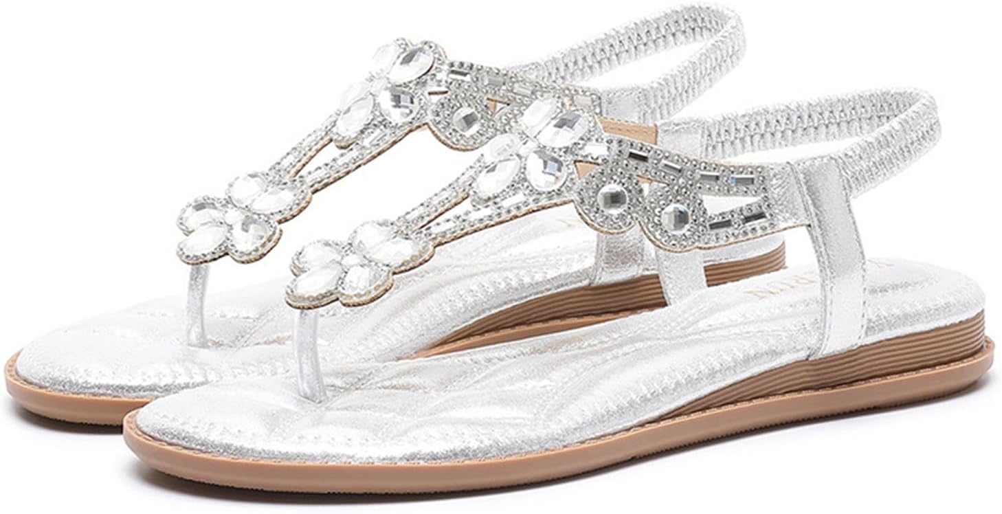 

Летние босоножки для женщин, удобные с ремешком T, на плоской подошве, повседневные сандалии для прогулок, нарядные блестящие вьетнамки с ремешками, обувь для отпуска Generic, серебро