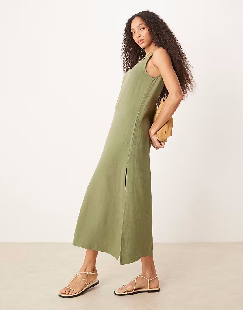 

Платье миди с круглым вырезом ASOS DESIGN из льна оливкового цвета
