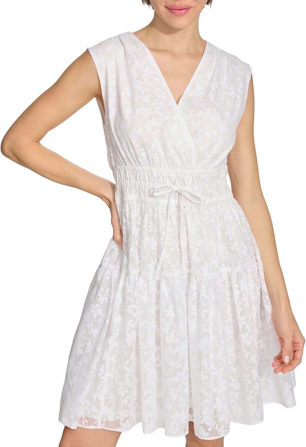 

Женское мини-платье без рукавов с V-образным вырезом и выжженной юбкой Tommy Hilfiger Petal Burnout, Bright White