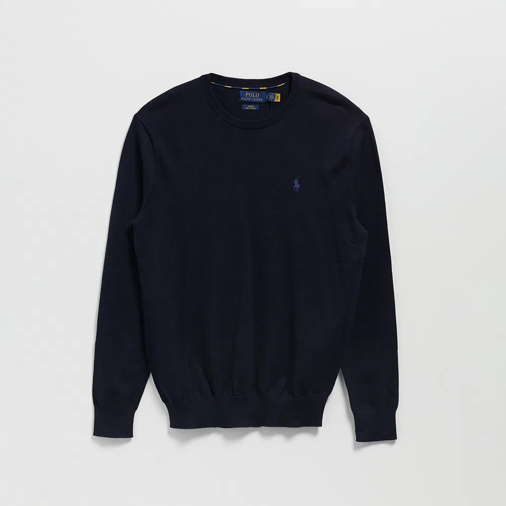 Мужской хлопковый свитер приталенного кроя синего цвета от Polo Ralph Lauren